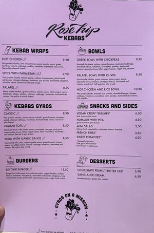 Menu (food).  at RoseHip Vegan Kebabs in Vilnius
