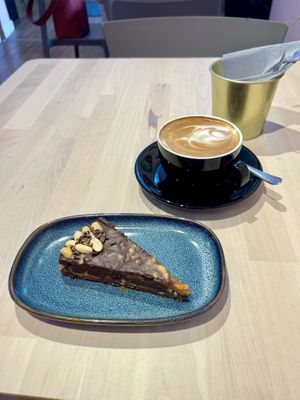 Snickers cake, flat whitee  at RoseHip Vegan Kebabs in Vilnius