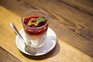 Coconut milk Pana Cotta with raspberries at RoseHip Vegan Kebabs in Vilnius