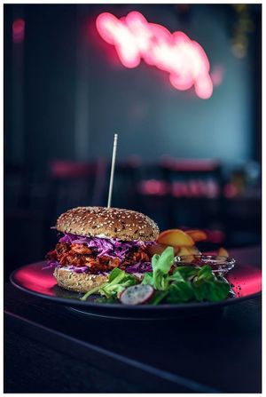 Smoked jackfruit burger with coleslaw at RoseHip Vegan Kebabs in Vilnius