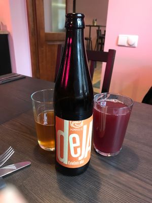 Wheat beer & cold pressed apple/black currant juice at RoseHip Vegan Kebabs in Vilnius