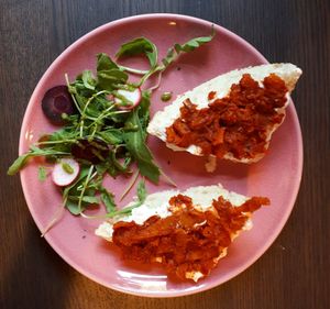 The vegan version of salmon and cream sandwiches: smoked carrot and seaweed and soya cream cheese served on ciabatta bread, with a rocket/radish/purple carrot/sesame side salad (€3.90) at RoseHip Vegan Kebabs in Vilnius