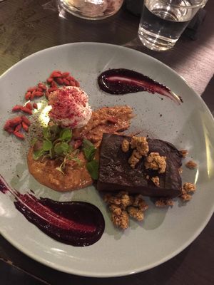 chocolate brownie at RoseHip Vegan Kebabs in Vilnius