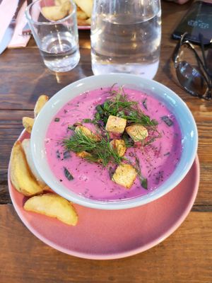 Beetroot traditional soup at RoseHip Vegan Kebabs in Vilnius