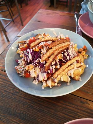 Loaded tempeh potatoes at RoseHip Vegan Kebabs in Vilnius