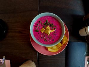 Cold beetroot soup at RoseHip Vegan Kebabs in Vilnius