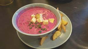 Beetroot cold soup at RoseHip Vegan Kebabs in Vilnius