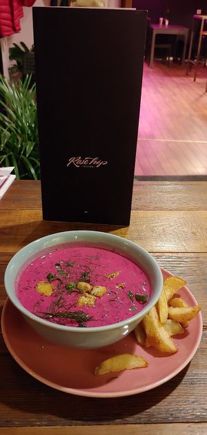 Beetroot soup at RoseHip Vegan Kebabs in Vilnius