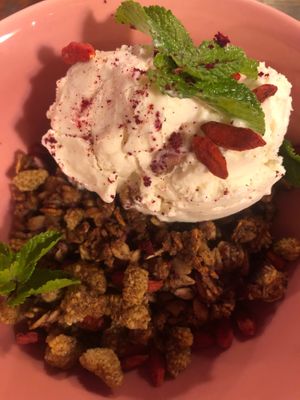 Apple and cinnamon crumble at RoseHip Vegan Kebabs in Vilnius