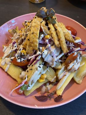 Loaded potatoes at RoseHip Vegan Kebabs in Vilnius