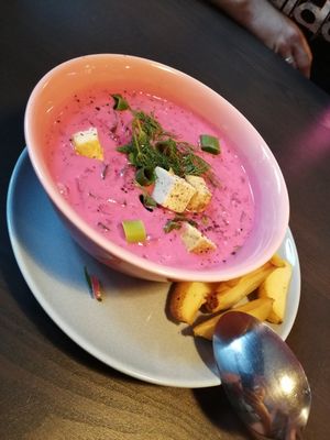 Cold beetroot soup - saltibarsciai at RoseHip Vegan Kebabs in Vilnius