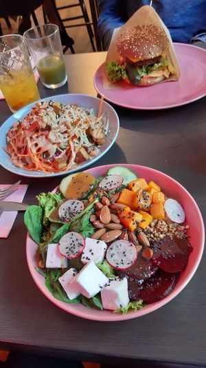 buckwheat bowl, asian salad and burger at RoseHip Vegan Kebabs in Vilnius