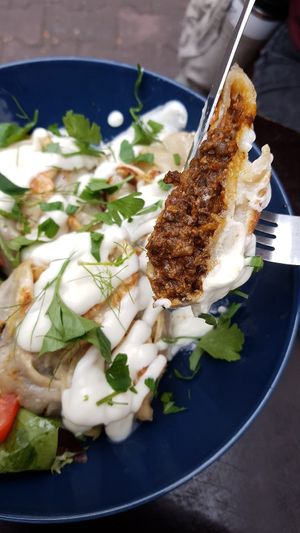 Pelmeni (dumplings) close-up at Kuschlowski in Berlin