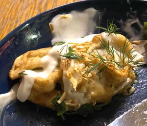 One large manti dumpling  at Kuschlowski in Berlin