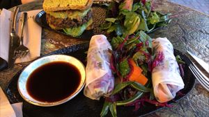 Avocado spring roll & vegan burger. at Healin Foods in Istanbul