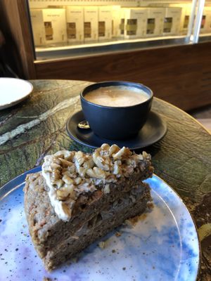 Carrot walnut cake with Coconut Cappuccino  at Healin Foods in Istanbul