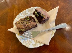 Vegan Salted Pistachio brownie - delicious. (£4) at Me & Mrs Jones Deli in Torquay