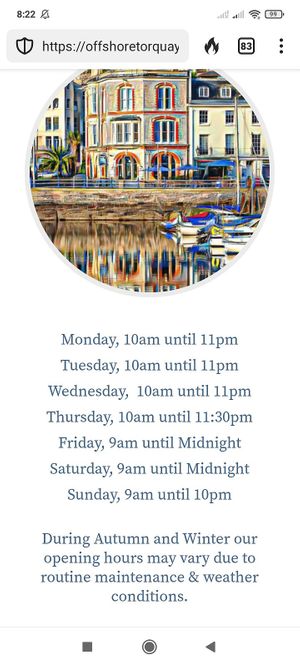 Opening times from website 19 October 2023. at The Offshore in Torquay