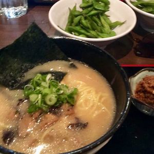 The Vegetarian Shoyu Ramen (I think) with fried ground tofu on the side at Ramen Isshin in Toronto