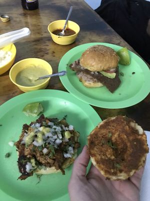Cemitas (looks like a burger) made from Seitan at Taco Station in San Andres Cholula