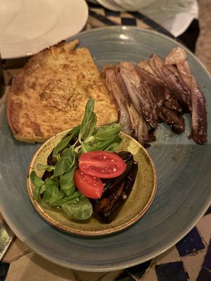Chicory and aubergine farinata  at La Paloma in Ibiza