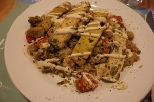 Sautéed Bulgur with Vegetables, Seitan, Tofu and Tamari Sauce - the bulgur was quite good. The dish was a bit bland though. On top they put slices of Quiche -don't recommend it at Bar Ecologico Gaia in Sevilla