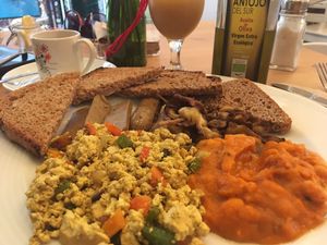 Breakfast special veganized with tofu scramble  at Bar Ecologico Gaia in Sevilla