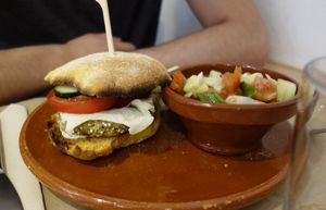 burger and salad at Bar Ecologico Gaia in Sevilla