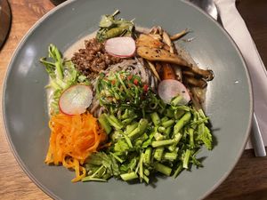 Soba noodle with chopped Minari, grilled mushroom, pickled carrot and Korean leaf & marinated plant-based pan fried meat in warm sauce is the one of the best menu I had tried here at Monk's Butcher - Itaewon in Seoul