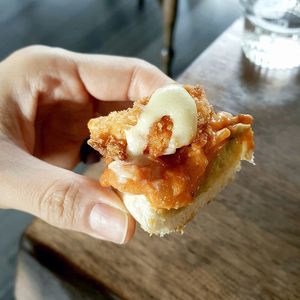 Shirimp Open Sandwich - fried vegan shrimp at Monk's Butcher - Itaewon in Seoul