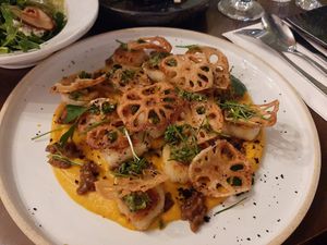 ginocchi? with pumpkin sauce, vegan minced beef and fried lotus roots at Monk's Butcher - Itaewon in Seoul