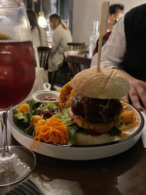 Beyond burger. Comes with fries  at Monk's Butcher - Itaewon in Seoul