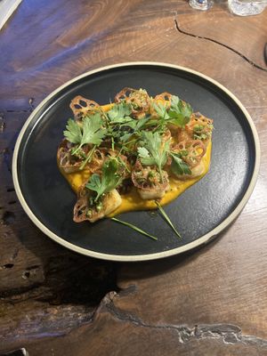 Gnocchi with pumpkin puree, topped with lotus root and parsley   at Monk's Butcher - Itaewon in Seoul