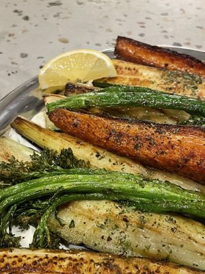 I loved this so much. Grilled vegetables on Tzatziki sauce. I asked one lemon slice.  at Monk's Butcher - Itaewon in Seoul