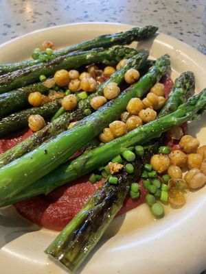 Asparagus, beet hummus, garlic sprouts  at Monk's Butcher - Itaewon in Seoul