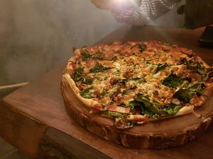 beet pizza with a crispy pastry base. vegan cheese option available! at Monk's Butcher - Itaewon in Seoul