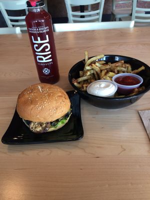 Mushroom burger and fries  at Copper Branch in Barrie