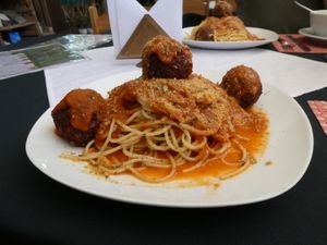 Spaghetti with bean balls. at Garden of Vegan in Urubamba