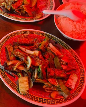 Hot and Spicy Tofu/Veg and Fried Potatoes over Tofu. Really good with mock duck as well.  at Vo's Vietnamese Restaurant in Minneapolis