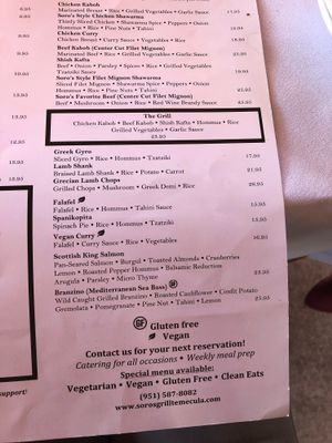 Menu4 at Soro's Mediterranean Grill in Temecula