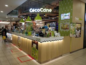 Stall front. Social distancing during Covid-19 at CocoCane - Yew Tee Point in West Singapore