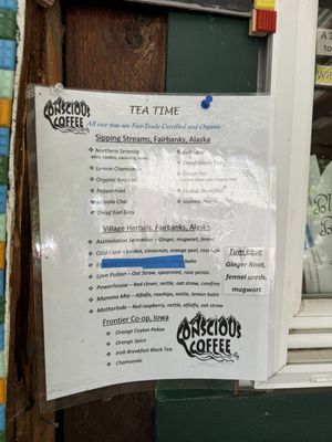 Tea menu  at Conscious Coffee in Talkeetna