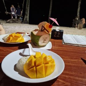 Mango sticky rice and a coconut pina colada :3 at Coconut Garden in Phuket