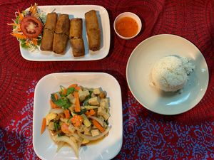 Cashew nut tofu and vegan spring rolls at Coconut Garden in Phuket