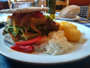 vegan burger with patatas, padrones, coleslaw and pepper at El Estragon Vegetariano in Madrid