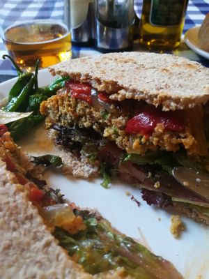 vegan burger with patatas, padrones, coleslaw and pepper at El Estragon Vegetariano in Madrid
