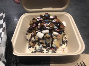 The Late Night: marshmallow frosting, tons of cookies and sprinkles and marshmallows, and chocolate drizzle. All vegan!!! at Cinnaholic in Boca Raton