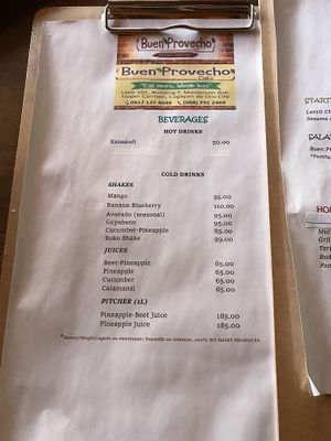 Menu at Buen Provecho Cafe in Cagayan De Oro