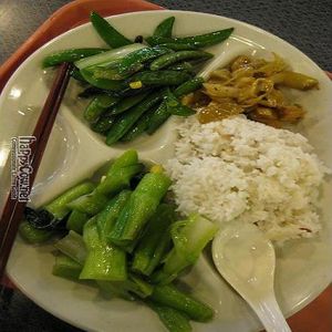 Their cheapest set meal with rice and vegetables (I passed on the included soup, which on that day contained egg) at Gohappy Veggie 同樂素食 in Kowloon