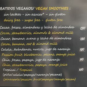Vegan Smoothies Menu at La fuente de chocolate in San Juan Del Sur